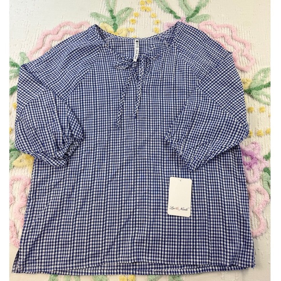 Leo Nicole Tops - Leo Nicole Blue Gingham Tie Neck Blouse Women's Size‎ Small Puff Sleeve